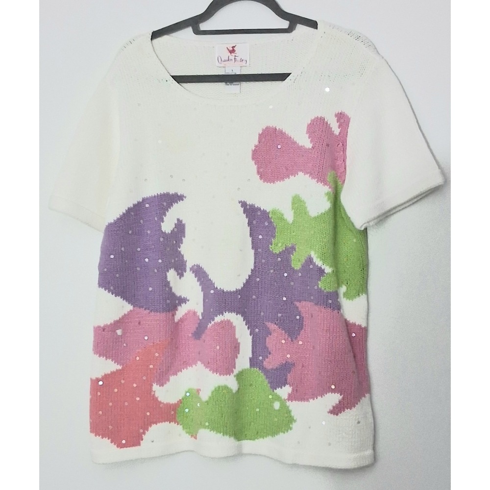 Quacker Factory Pullover Sweater Womens Large Fish Swim Coastal‎ Short Sleeve